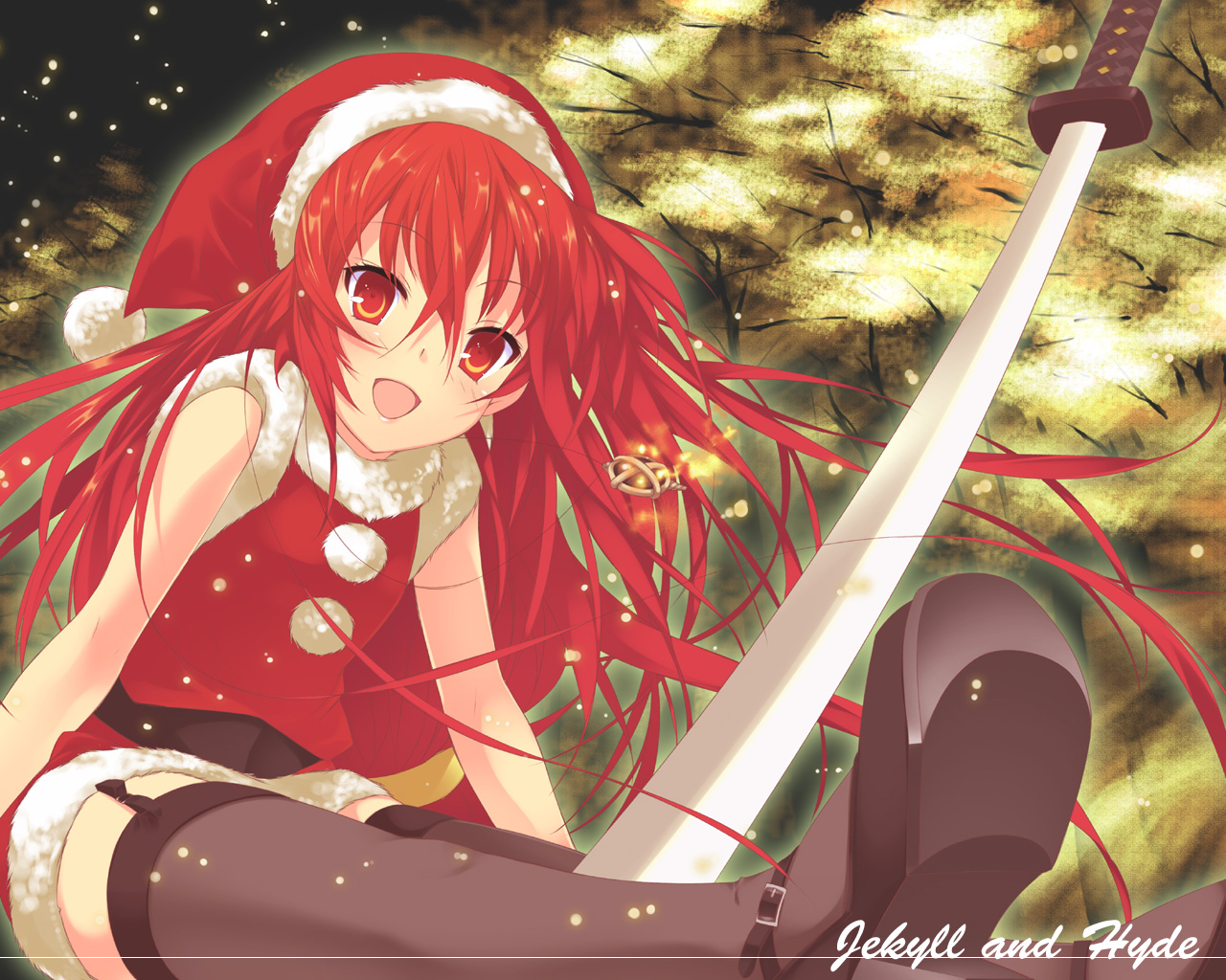 Konachan.com - 919 christmas hat katana long_hair necklace red_eyes red_hair santa_costume santa_hat shakugan_no_shana shana sword thighhighs weapon.jpg