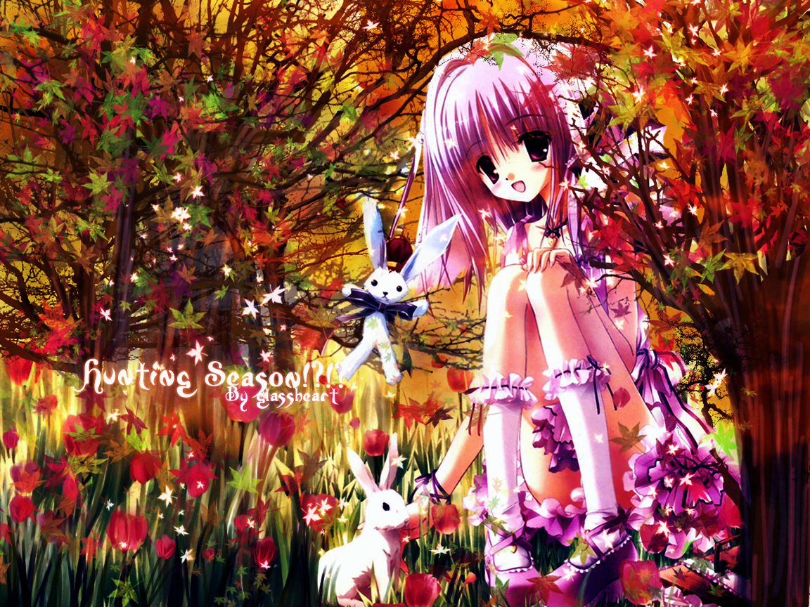 Konachan.com - 1396 animal autumn brown_eyes bunny flowers kneehighs purple_hair rabbit short_hair tree.jpg