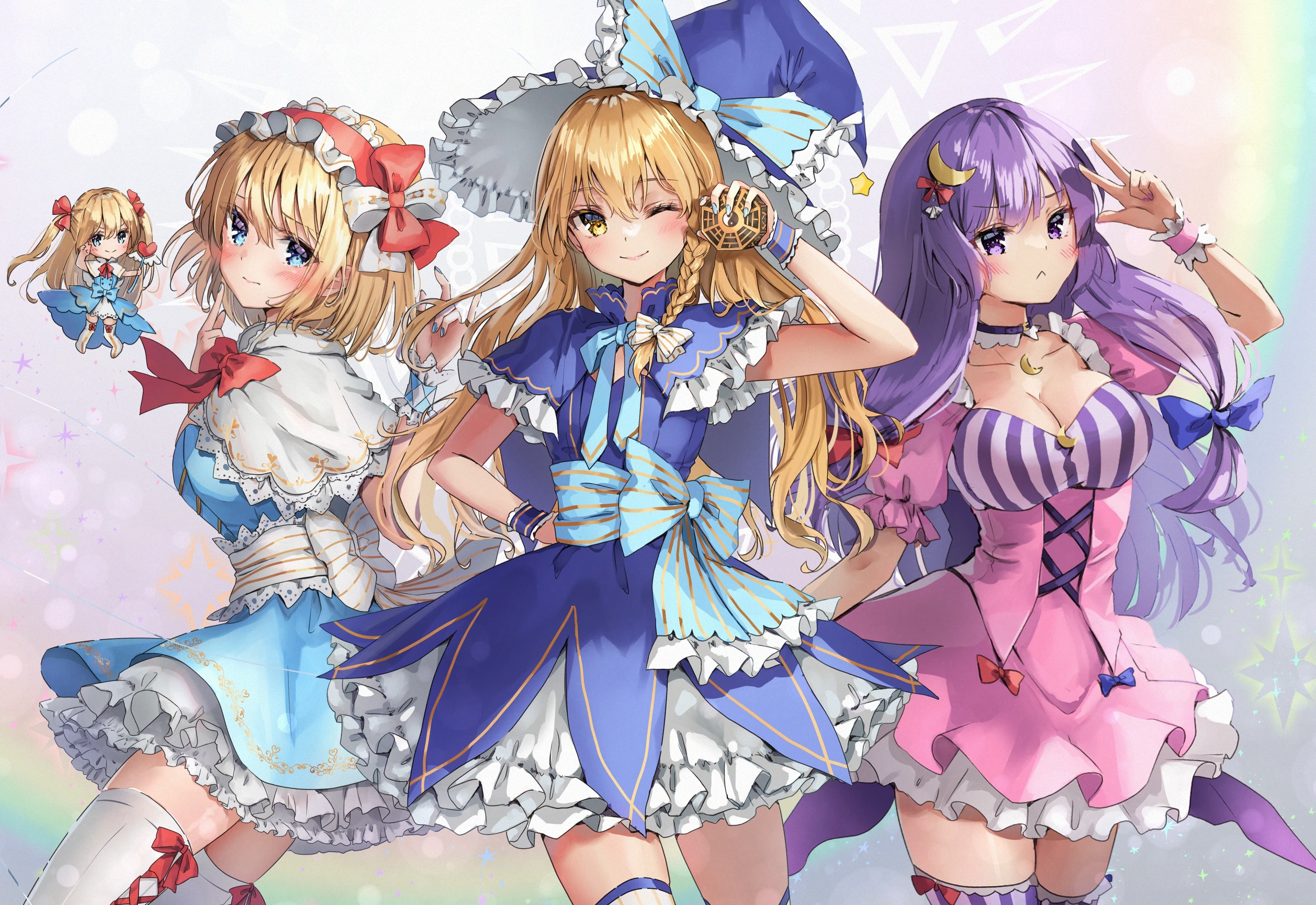 yande.re 970426 alice_margatroid chibi cleavage dress kirisame_marisa patchouli_knowledge shironeko_yuuki skirt_lift thighhighs touhou witch.webp