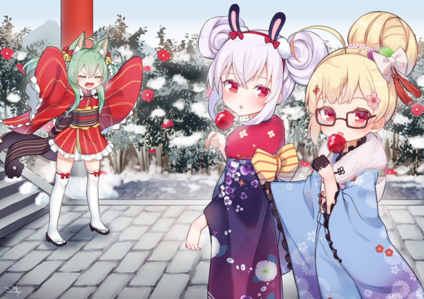 Konachan.com - 277039 apple azur_lane bell candy cat_smile catgirl fang flowers food fruit glasses green_hair kimono koko_ne loli red_eyes signed snow stairs winter.png