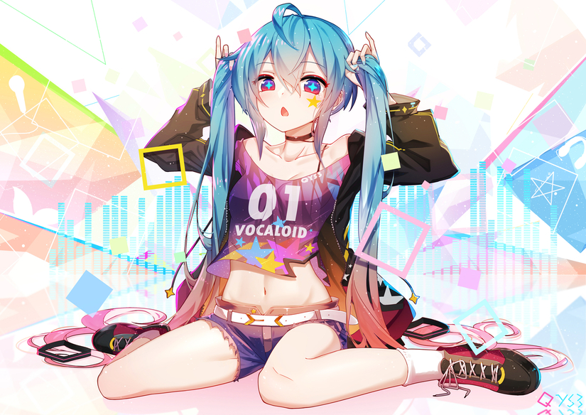 Konachan.com - 285854 aqua_eyes aqua_hair bai_yemeng choker hatsune_miku navel shorts socks tattoo twintails vocaloid watermark.jpg